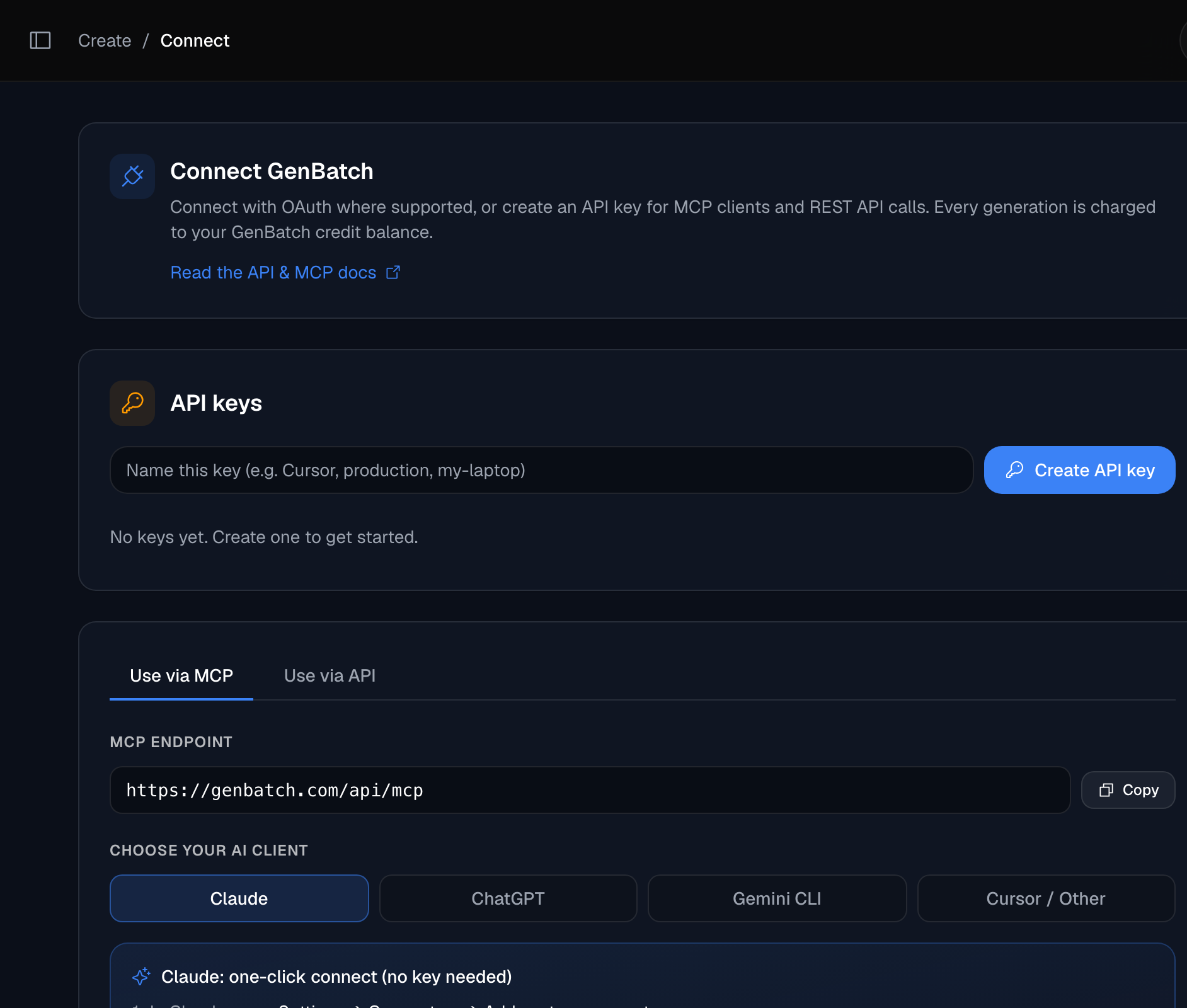 The GenBatch Connect page showing access-key creation and MCP setup options