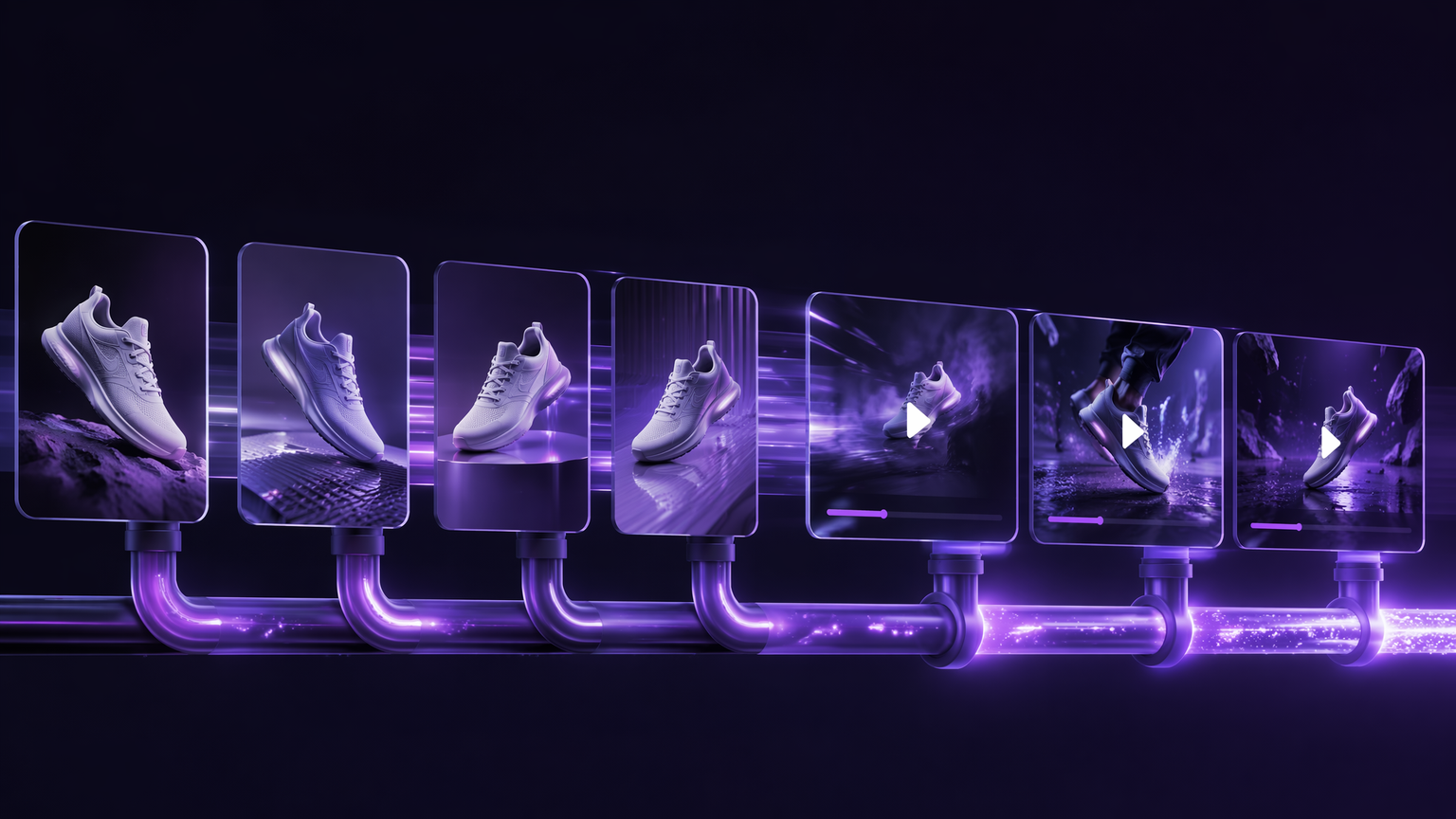 Generated product images chaining into short video clips along a glowing pipeline