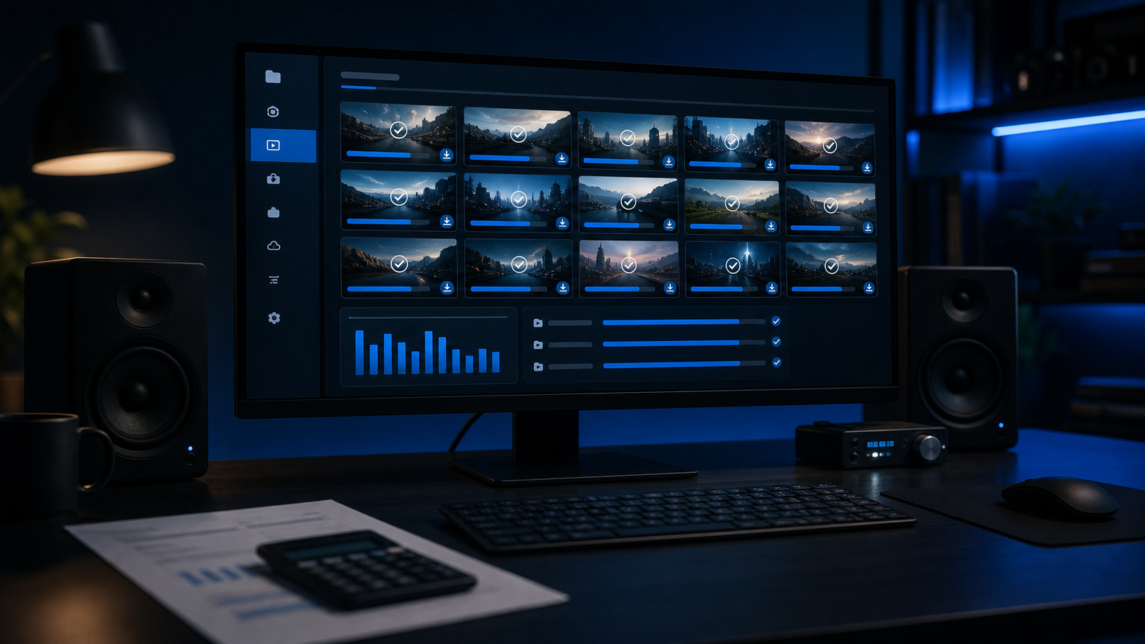 A completed batch video results dashboard on a realistic dark production desk