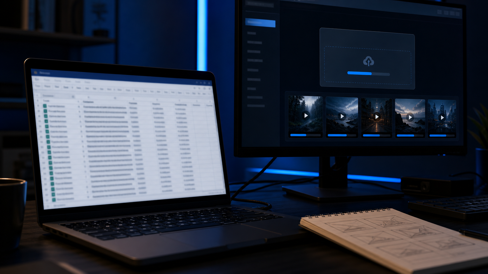 A CSV prompt spreadsheet beside an AI video upload screen on a dark creator desk